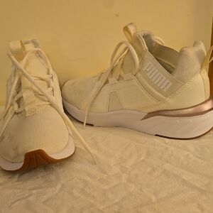 Puma Cream Sneakers with Sock-Like Collar and Cushioned Sole